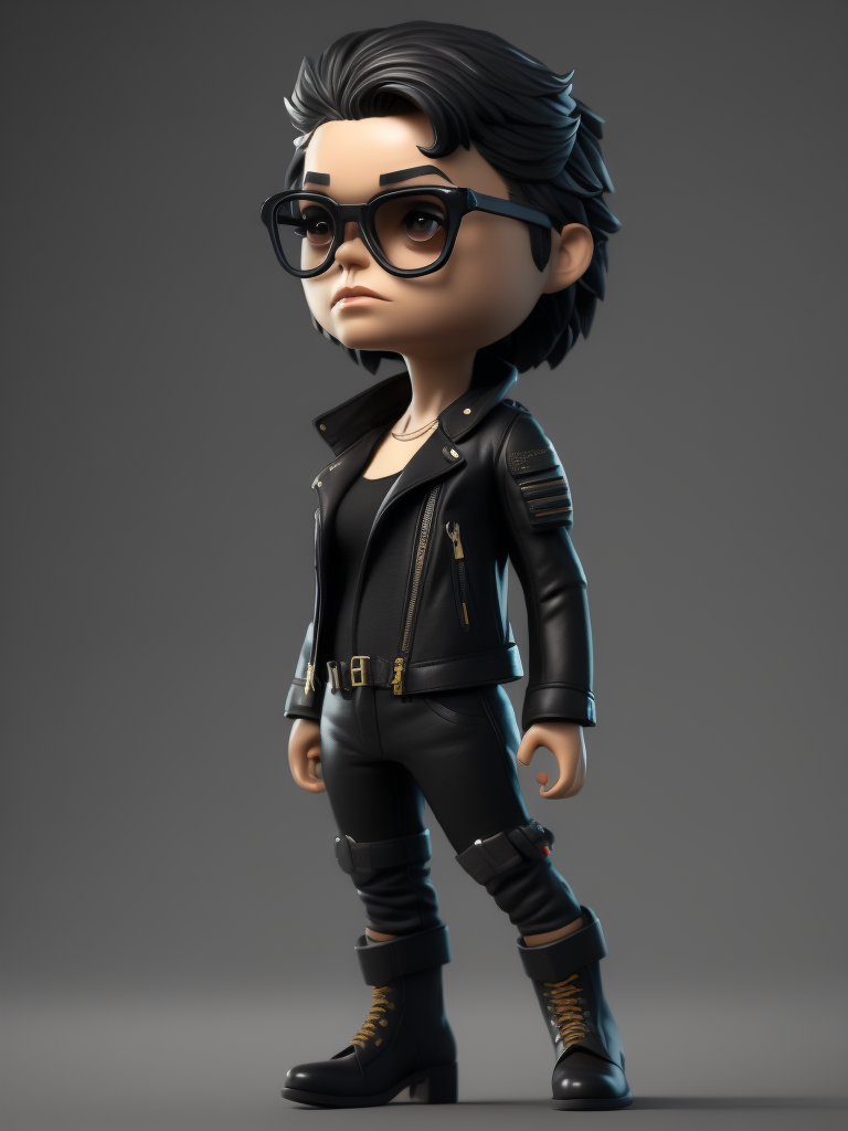 Full body Plastic figurine of a brutal chick, black glasses, leather jacket, black boots, 3d octane render, funko pop,