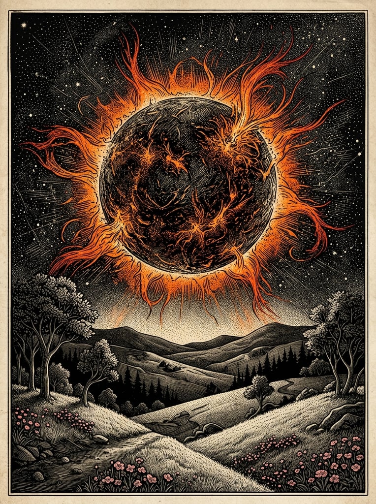 A massive, textured dark orb radiating fiery orange solar flares dominates a pitch-black sky above rolling hills. The surreal landscape features stippled pale grass, dark stylized trees, and scattered pink flowers, rendered in a highly detailed vintage line engraving and pointillism style contrasting monochromatic earth tones with vibrant cosmic fire.