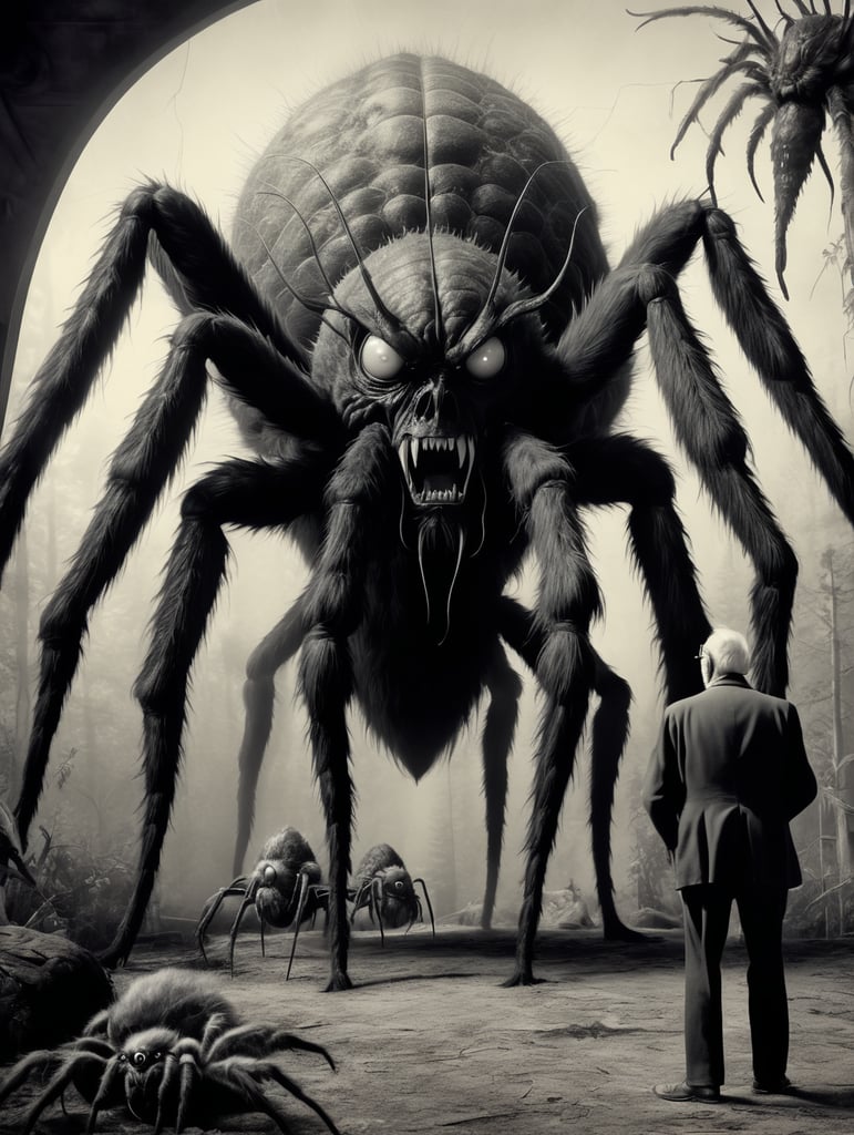 Old man standing next to a giant spider monster, in the style of contemporary vintage photography, necronomicon illustrations, tabletop photography, 1890, hyperrealistic animal portraits, ghostly presence, whirring contrivances
