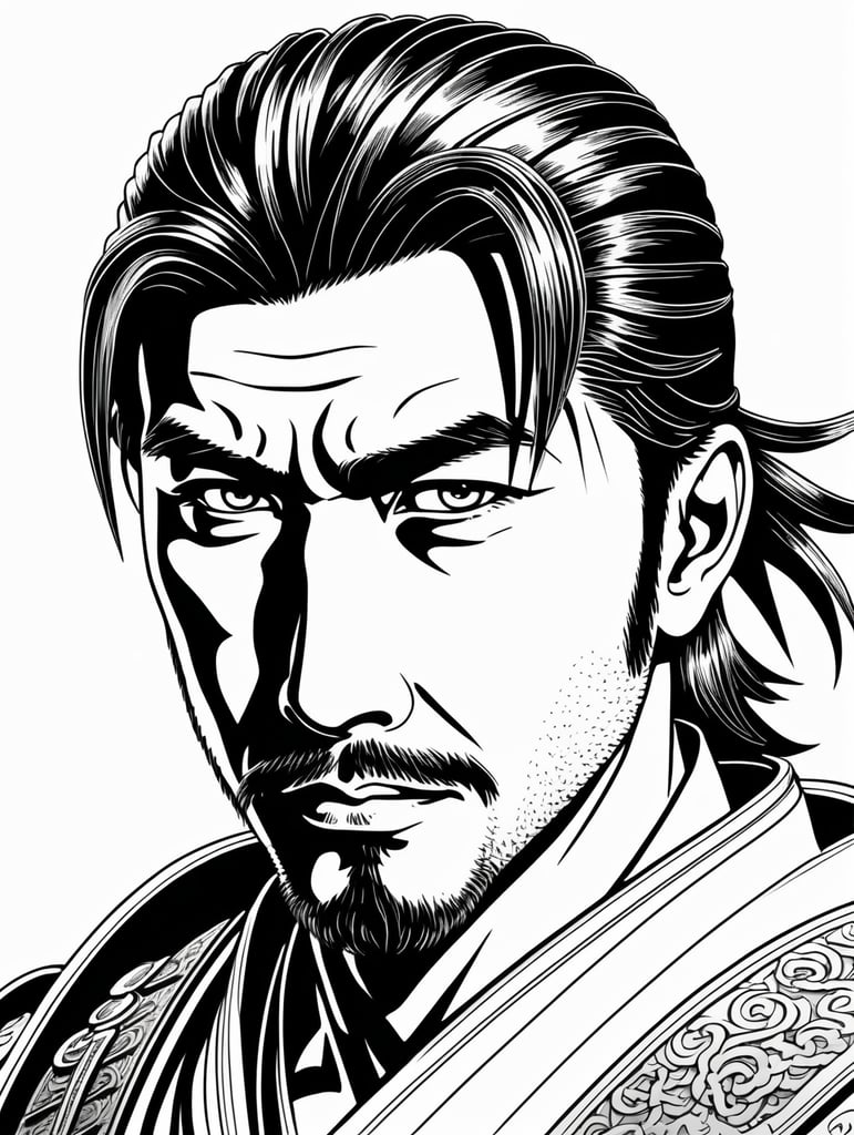 Generate a portrait of a samurai, 4k resolution, anime line art, in the style of akira toriyama, with clear lines, no shadows, on a pure white background suitable for a adult's coloring book.