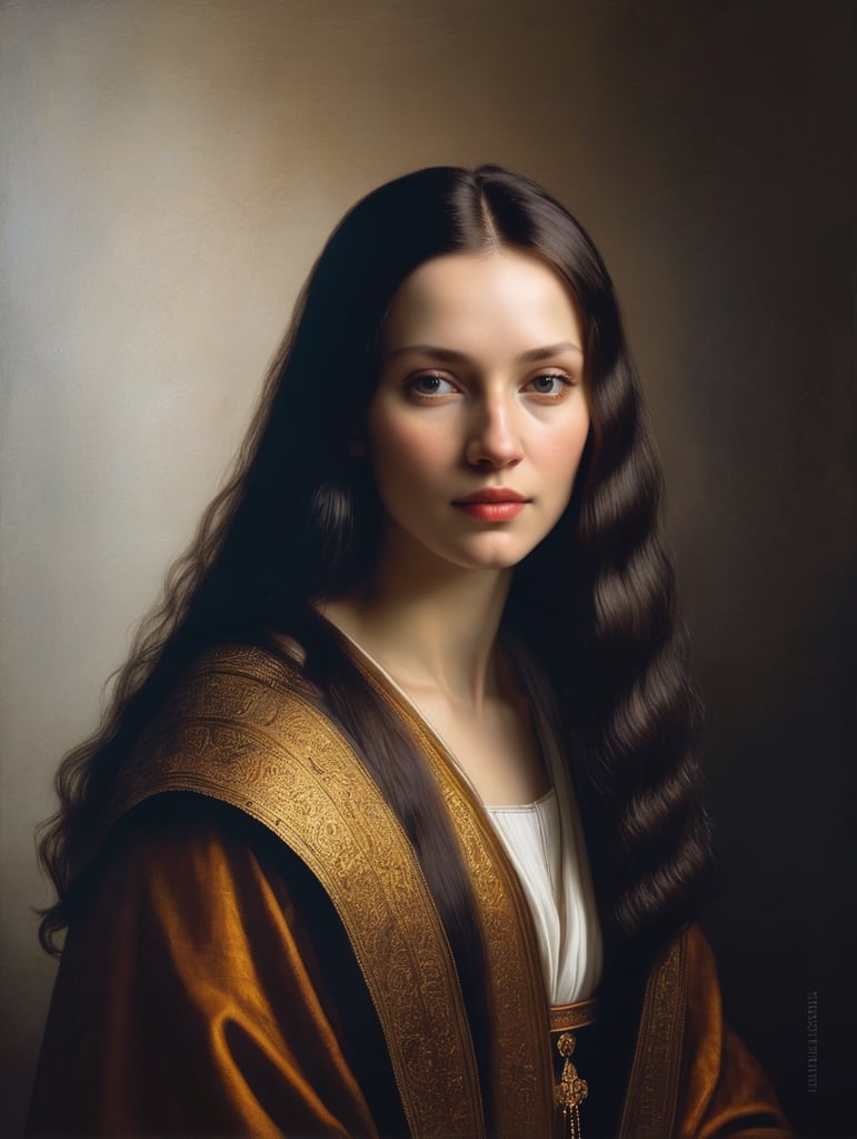 A masterpiece portrait by Rembrandt Van Rijn of a beautiful saint woman, straight hair