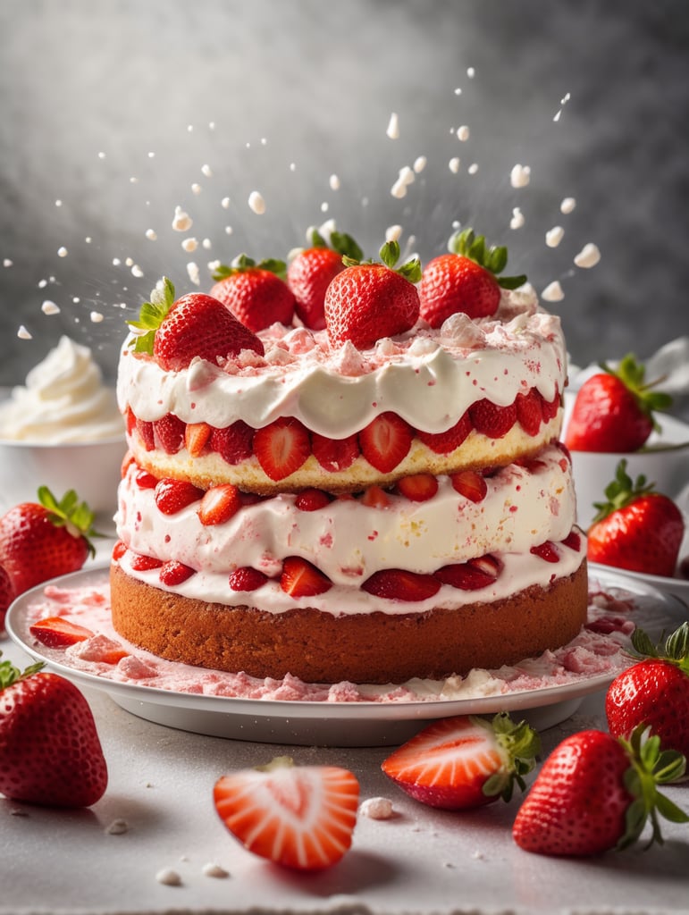 the moment after a strawberry cake explodes from inside, splitting it in two and splattering fragments in all directions, scattering strawberries and cream, very fast shutter speed,volumetric lighting, Reflective glass plate behind and below