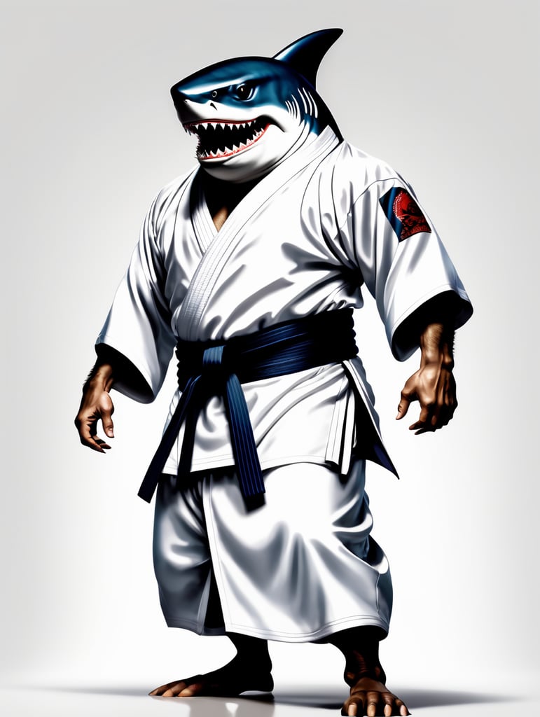 To humanoidalny rekin, ubrany w jedwabiste kimono judo, stojący w walecznej pozycji z groźną miną na białym tle