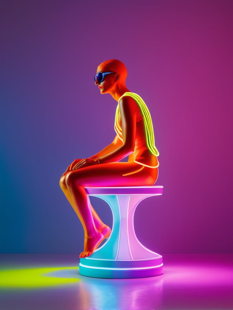 Scarabaeus sacer style in neon colors, by laurie simmons, minimal figures