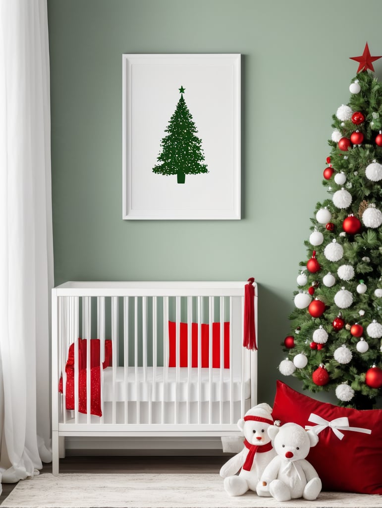 vertical frame wall mockup, white nursery with christmas decorations in red, white, green, and christmas lights