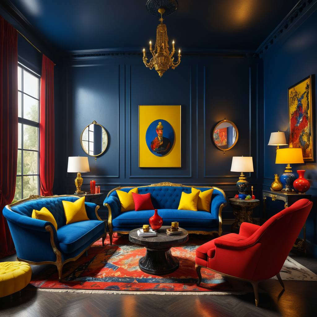 Electic maximalist living room with bold color shemes of blue couch and yellow and red accent chair