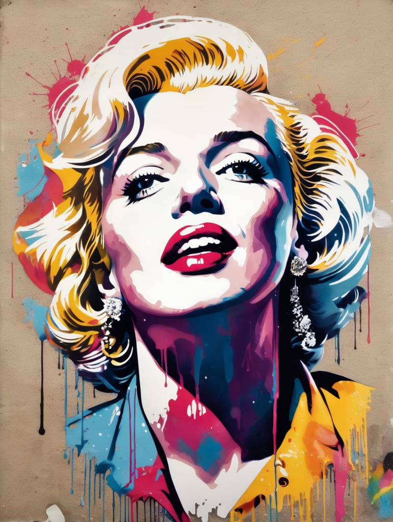 a portrait of marilyn monroe in a street-art graffiti stencil style, colorful and color-balanced with splashes and drips of paint