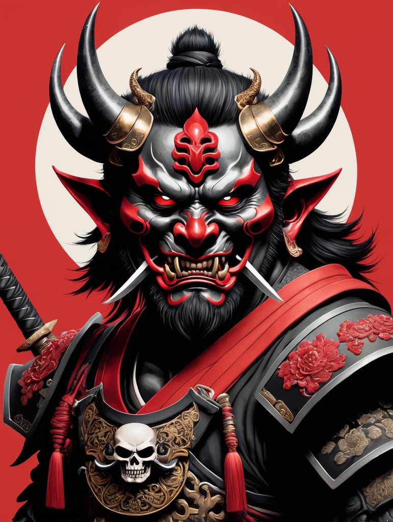 Illustration of a demon with two swords and a skull, demon samurai mask, oni mask, villain wearing a red oni mask, samurai mask, samurai with demon mask, demon samurai, demon samurai warrior, oni horns, inspired by ryūkōsai jokei, japanese art style, inspired by kawanabe kyōsai, mysterious, red and black