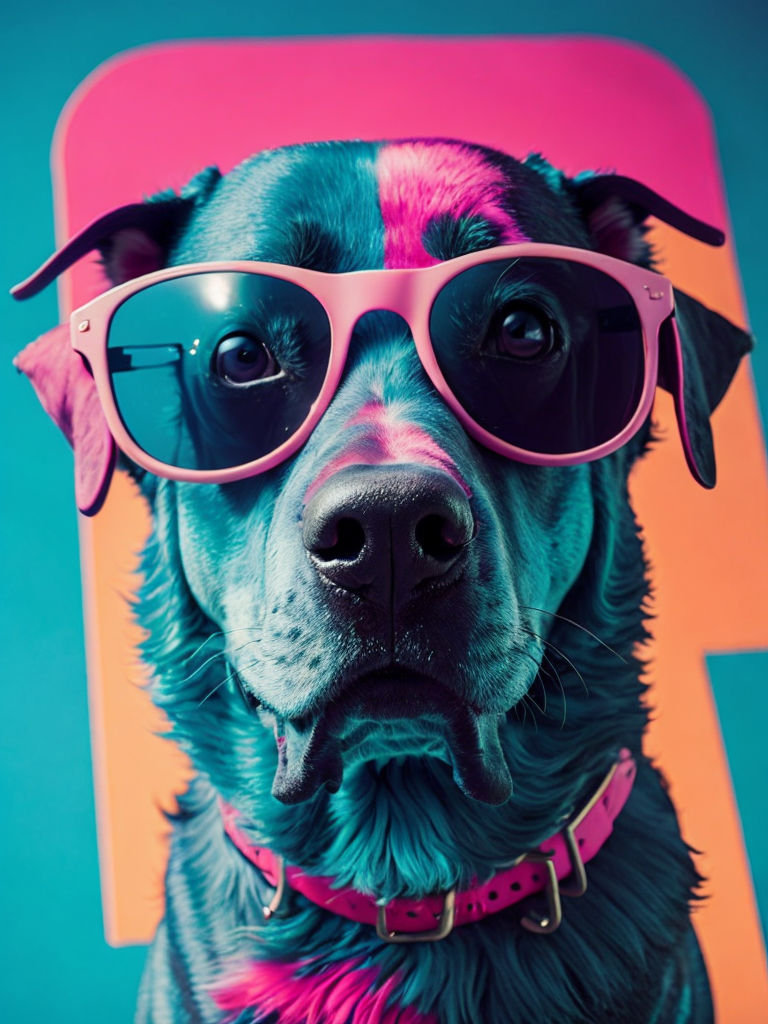 portrait of a blue dog, wearing green sunglasses, pink background, bright colors
