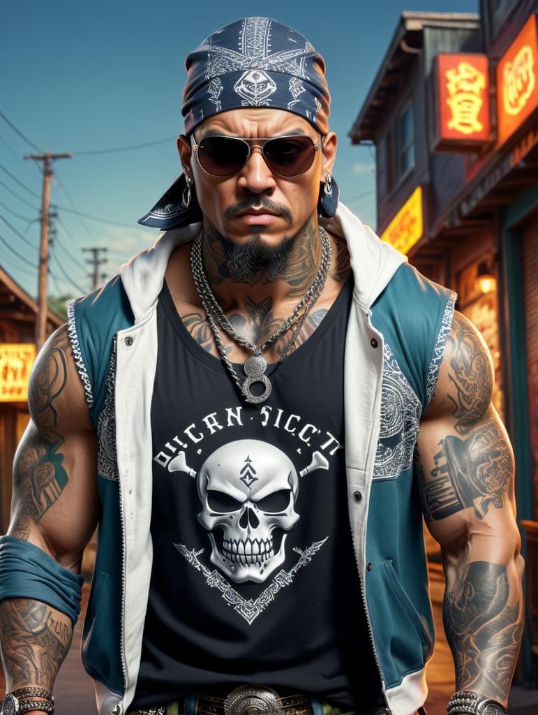 Simple logo art of a tattooed bald strongman with no beard, angry and furious, box braids and cap, sunglasses, gang member, 90s gangsta, arms crossed, loose clothes, real bandana on his face and shirt rock, silver chain, ultra realistic and intricate details, true colors, 8k, uhd, comics, ghost vigilante style, a ghetto hoodie behind the center image, rounded bandana background, bad boy style vaporwave