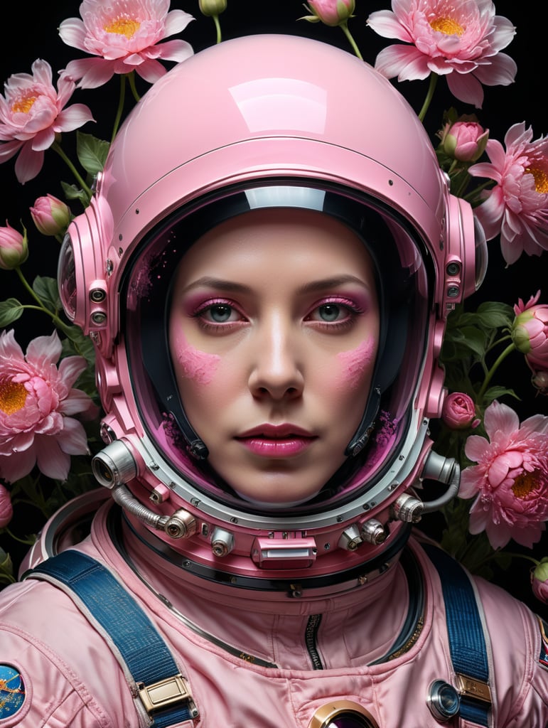 Close up portrait photography of a Astronaut, wearing a pink Astronaut Costume, 80 degree view, art by sergio lopez, natalie shau, james jean and salvador dali, pink flowers booming