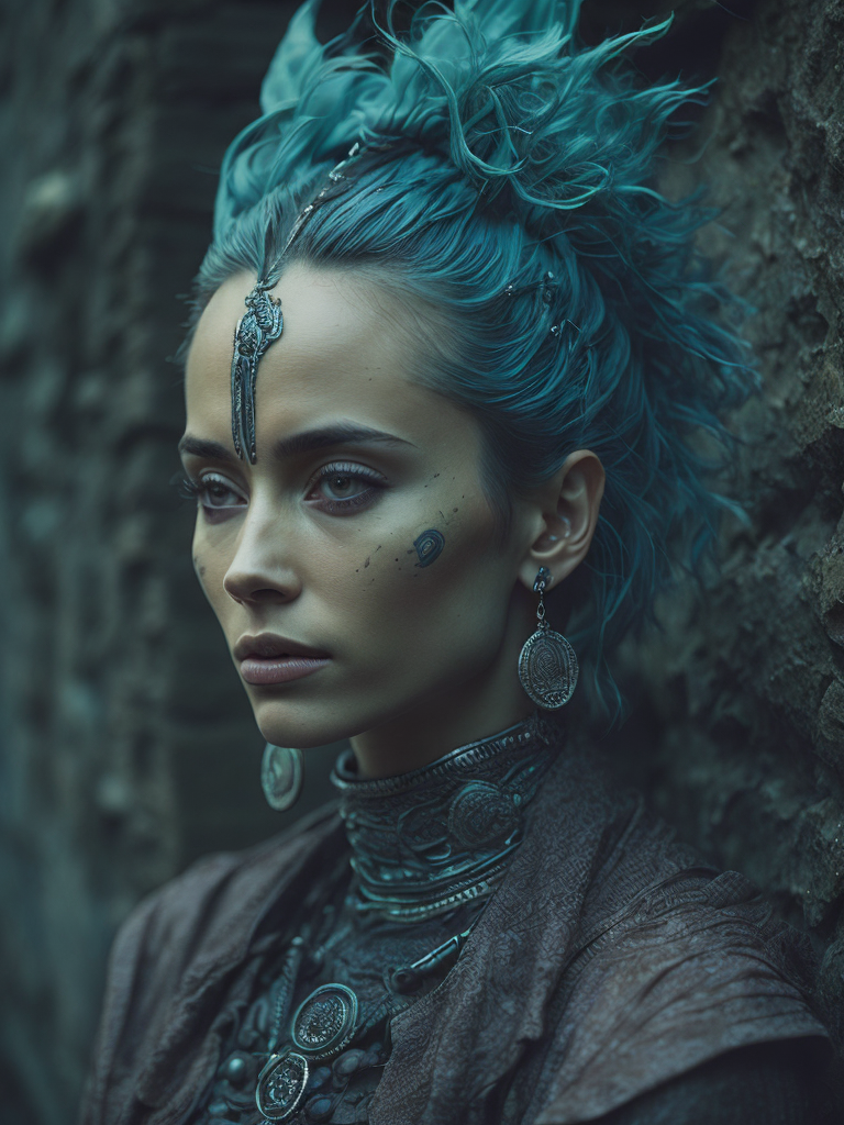 Portrait of an alien, batik, intricate details, surreal, Alien, Cyberpunk Trashcore Style, green and ice blue, s 1000