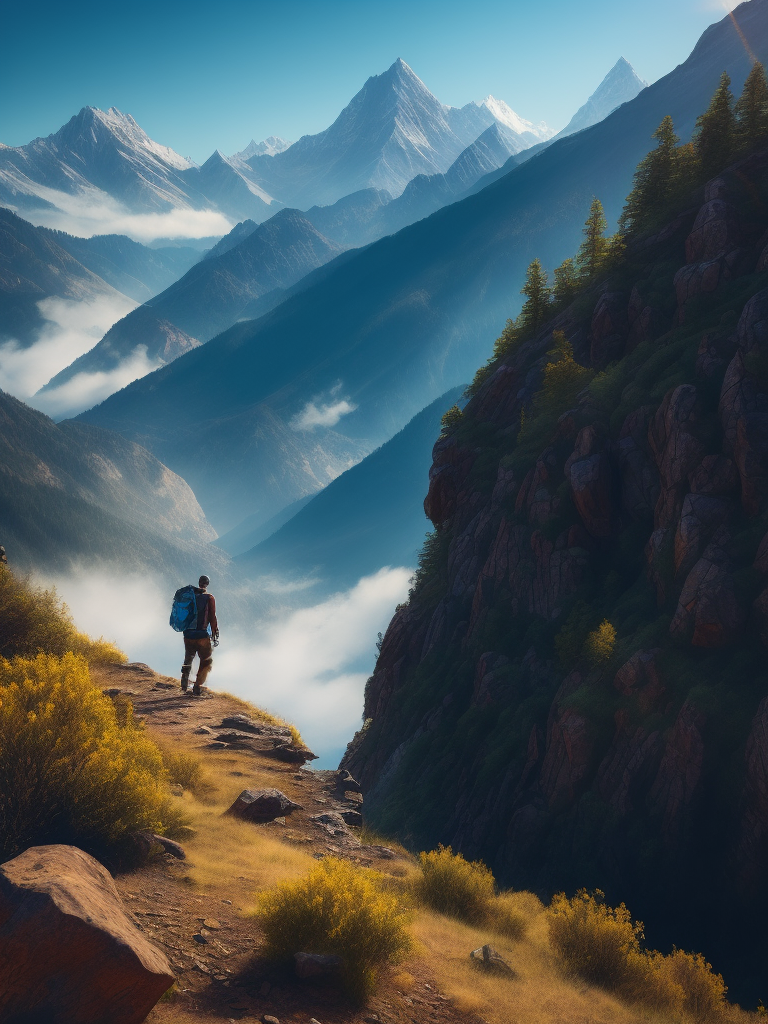 Man hiking in a mountain, brilliant blue sky, serene, peaceful, majestic, high detail, landscape, ultra hd, matte painting, highly detailed, concept art, contrast light, deep colors