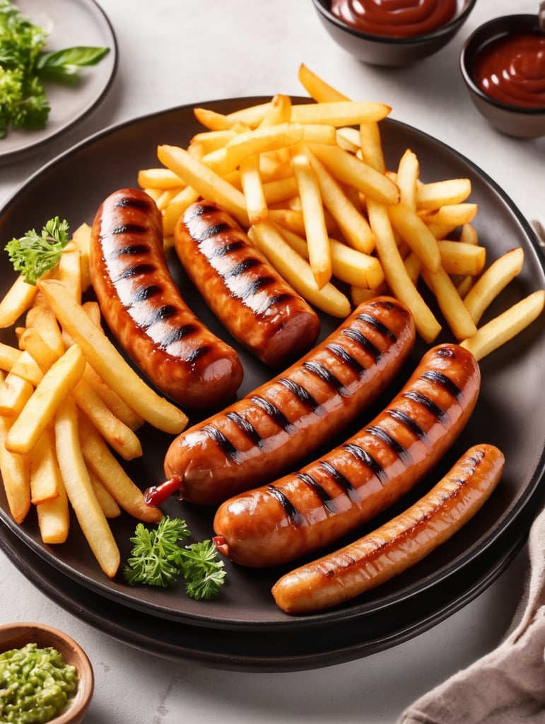Gambar tersebut menampilkan sosis bakar yang terletak di atas wadah atau piring, ditemani oleh kentang goreng yang disusun dengan indah di sekitarnya. Sosis bakar terlihat menggoda dengan warna kecokelatan yang merata di permukaannya, memberikan kesan garing dan lezat. Aromanya yang menggugah selera tercium dari jauh. Kentang goreng yang cokelat keemasan dan renyah berjejer di sekitar sosis, menambah kelezatan hidangan tersebut. Wadah yang digunakan mungkin berupa piring atau mangkuk yang menarik, memberikan kesan estetika yang menambah selera makan. Keseluruhan gambar menggambarkan hidangan yang siap untuk dinikmati dengan penuh kenikmatan.