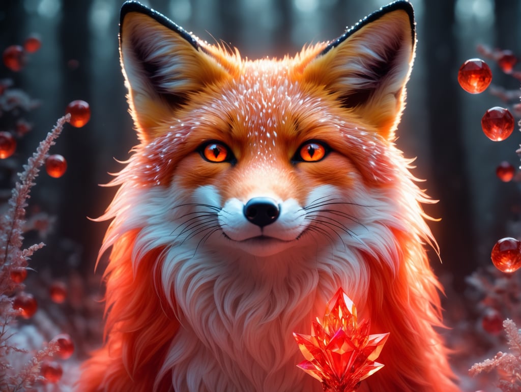 glowing etheareal fairytale magical fox in a magical world. the fox should be made of red fire crystals with a fiery red tail and fiery eyes. the fox should be made of fire red crystals
