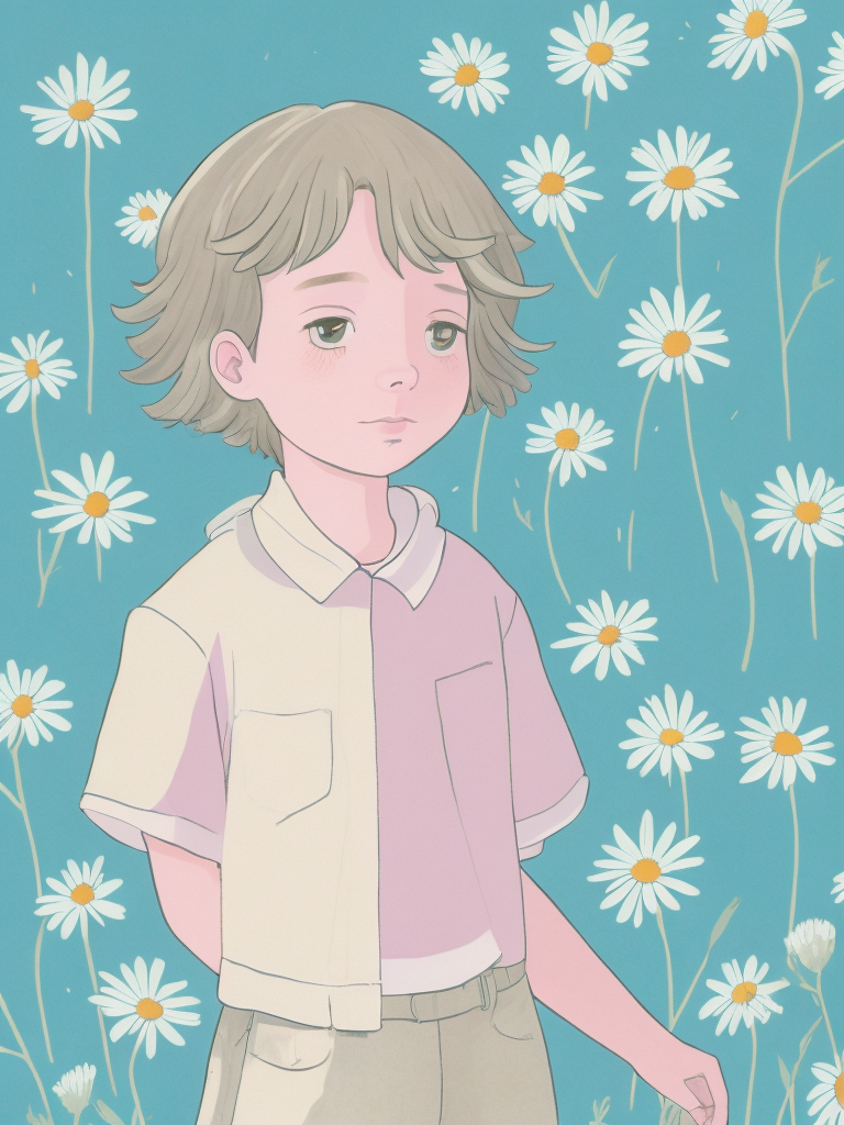 a cartoon boy, in the style of light gold and pink, , studyblr, fanciful costume design, grainy, kawaii, francis davis millet, a stamp with a big field of daisies on it, in the style of lo-fi aesthetics, realistic scenery, realistic blue skies, minimalist landscapes, framing, flickr, y2k aesthetic