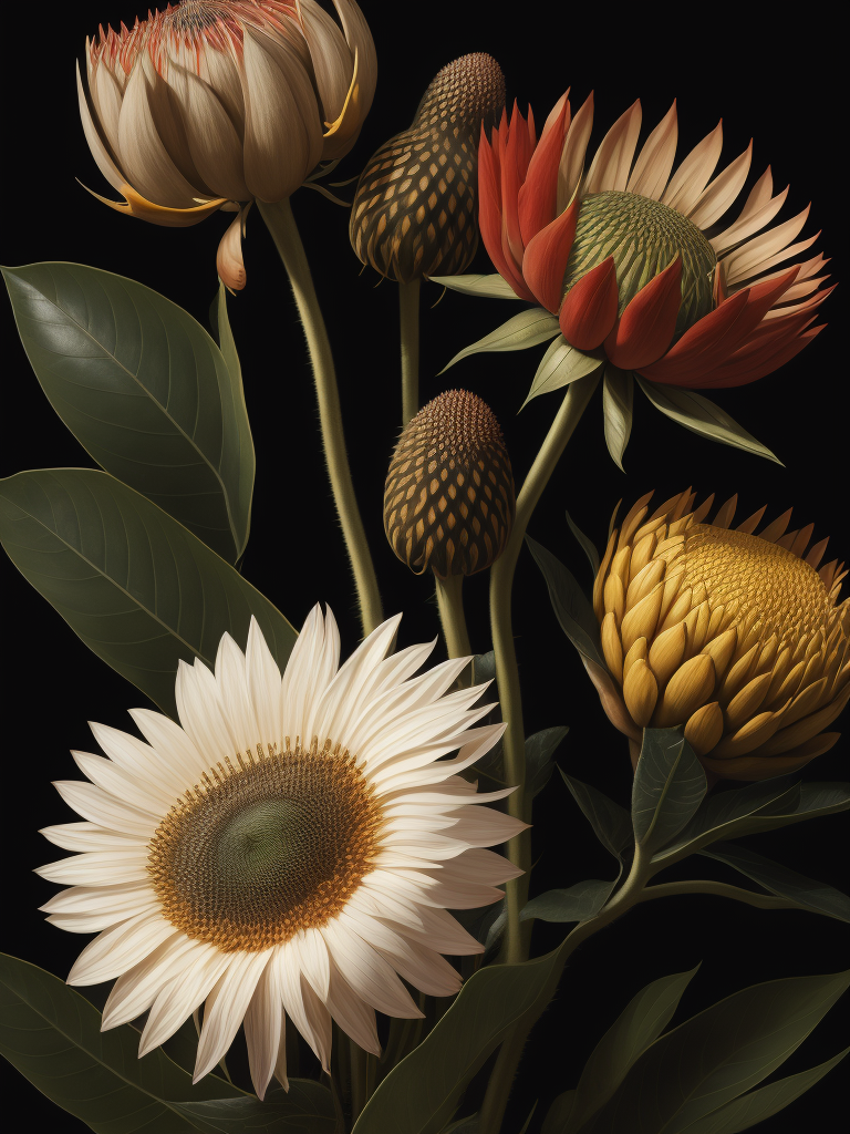 Detailed king proteas and pincushions against a black backdrop by martin johnson heade, artstation