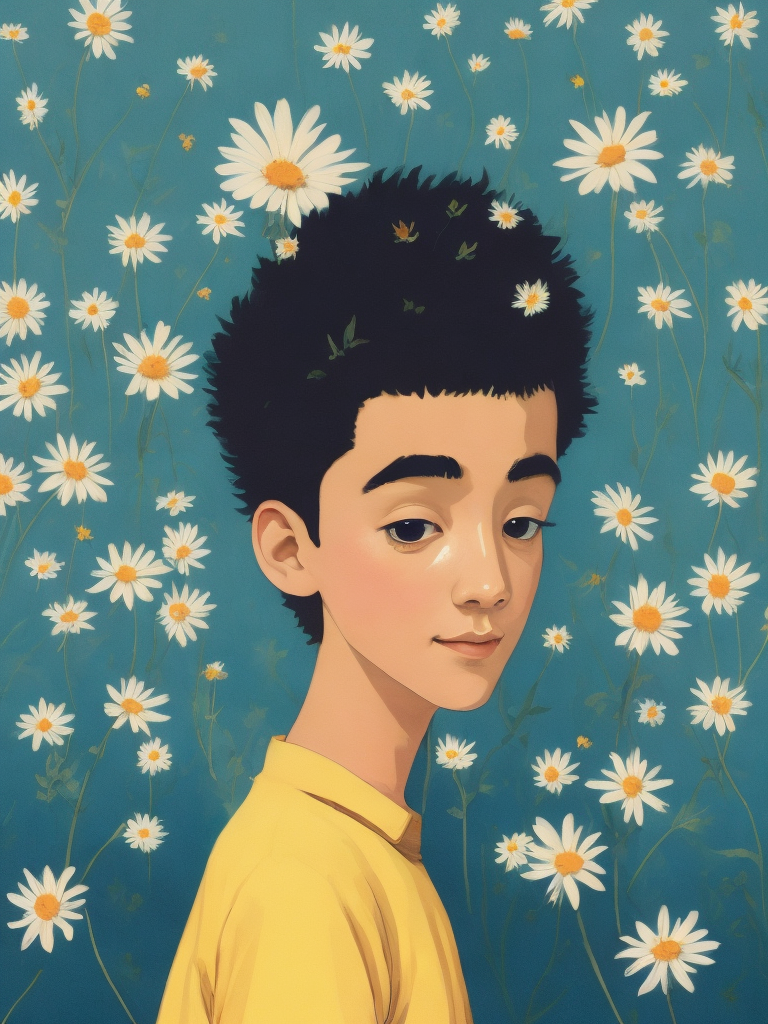 a cartoon boy, in the style of light gold and pink, , studyblr, fanciful costume design, grainy, kawaii, francis davis millet, a stamp with a big field of daisies on it, in the style of lo-fi aesthetics, realistic scenery, realistic blue skies, minimalist landscapes, framing, flickr, y2k aesthetic