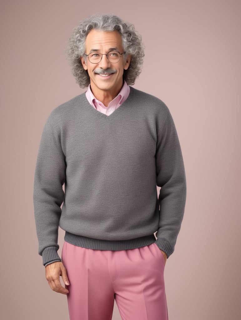A 60 year old high school English teacher with grey med curly hair , a grey ugly sweater ,a big nose, pink pants and wide ish eyes