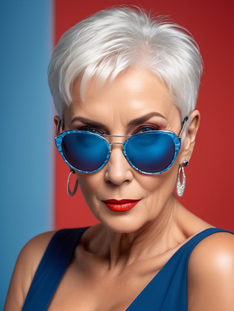 A portrait of a beautiful English older woman with white platinum short hair and big sunglasses, dressed all red, blue background, big cleavage, glamorous London portrait, highly realistic, women designer, very fashionable, colourful