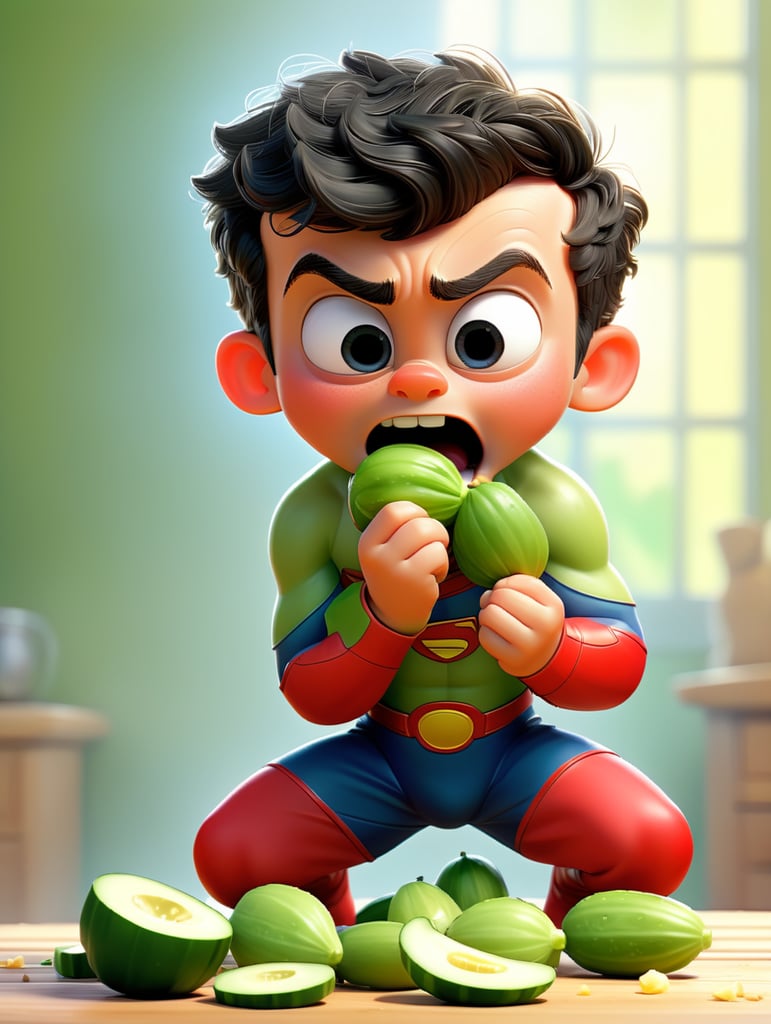 Crea un immagine di un bambino supereroe che mangia un cetriolo e fa delle puzzette e fa svenire chi glie è vicino.