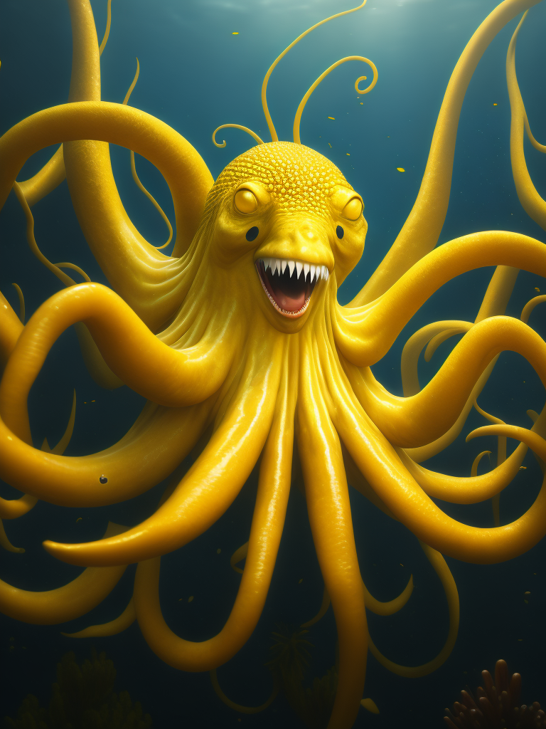 yellow octopus smiling under water