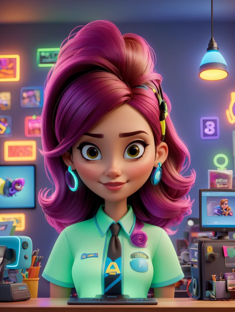 YOUNG WOMAN ENTREPRENEUR SALES E-COMMERCE OFFICE HIPSTER NEON PIXAR EXTREME DETAILED REALISTIC