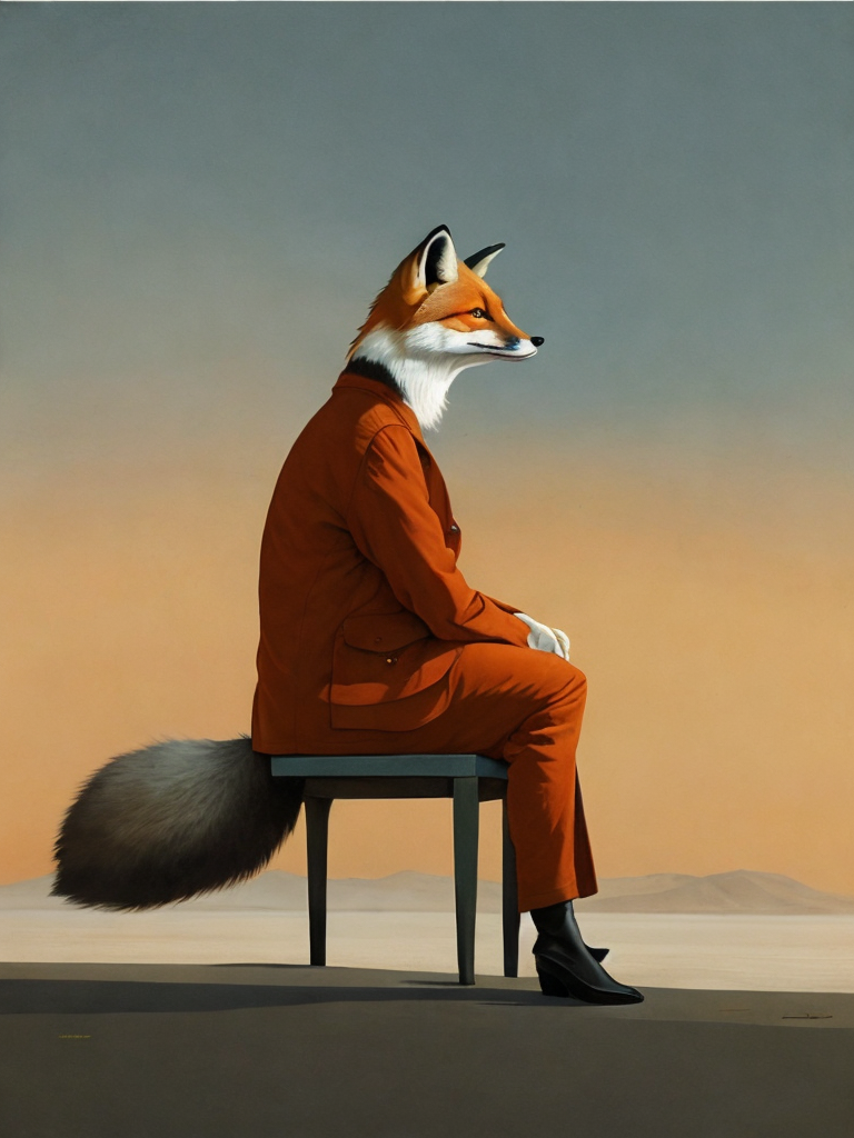 fox sitting on a chair looking to the horizon, illustration, painting, china, style of Liu Ye