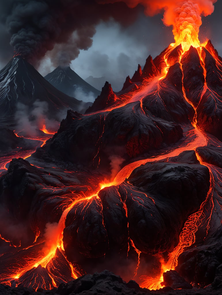 Red-hot lava erupting from a volcano , photorealistic