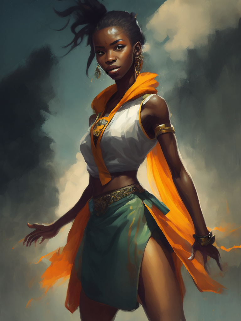 Illustrate a full-body manga drawing of a young African character in modernized traditional clothing, striking a dynamic pose with one hand raised.
