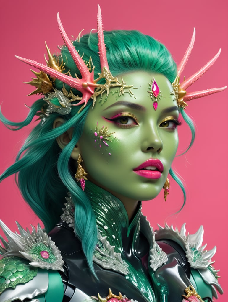 Make image look realistic Include green skin tone Include pink lips Include hot pink background Include pink seastar on forehead include gold coral headdress Include aqua colored hair Include ice shards on shoulders of grey colored hero suit