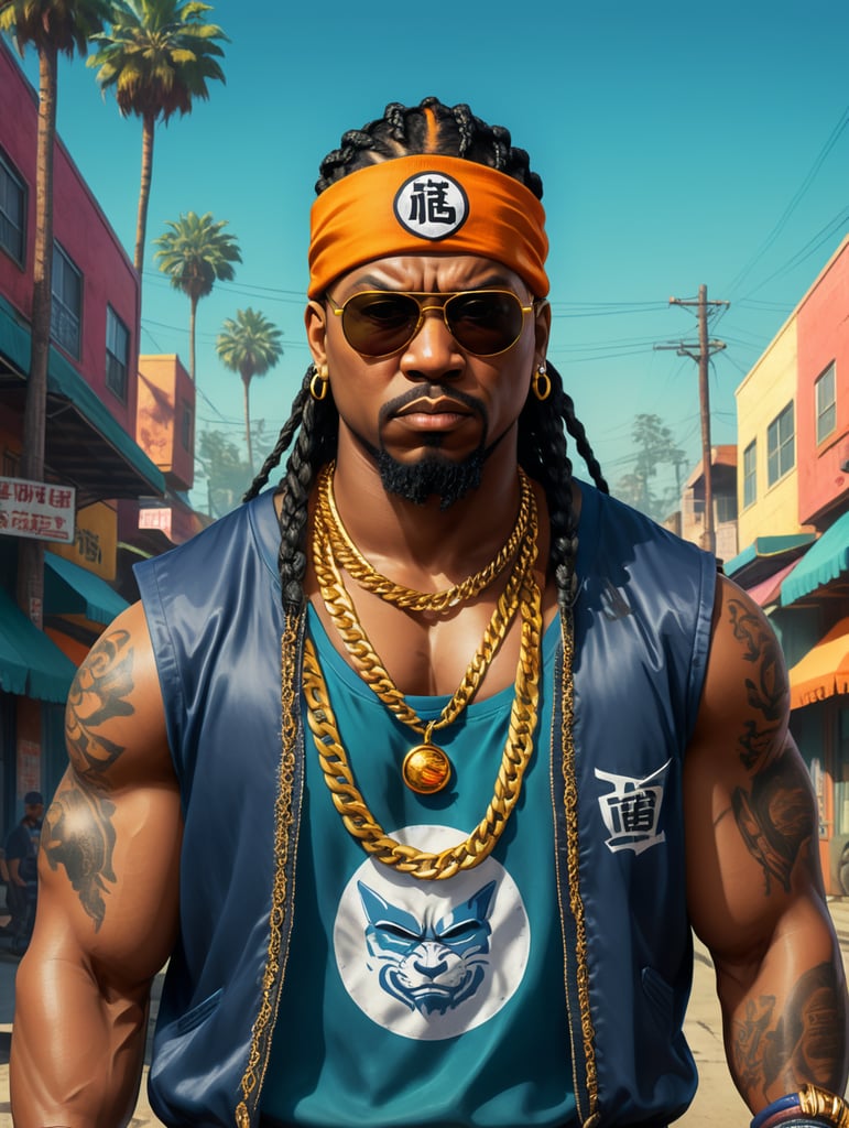 a simple Logo art of A furious, angry furious black crazy fat man ,box braids and cap, sunglasses ,gang member, gangsta 1990's, arms crossed , Loose clothes, royal bandana in your face and baseball jersey , Golden chain ,ultra realistic, intricate details , real colors , 8k , uhd, comic, gta san andreas style , A hood ghetto behind the central image rounded bandana background , Dragon Ball Z style vaporwave