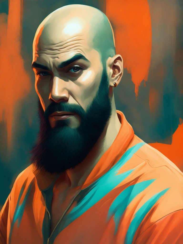bald man with a beard in bright colors in a graphic style добрый взгляд, контрастный цвет рисованный в стиле комиксов