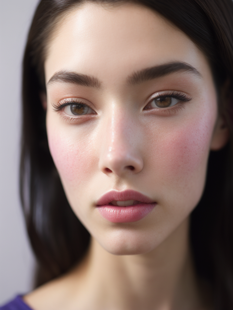 A photo close-up of a beautiful black haired woman with freckles, fashion editorial, studio photography, magazine photography, wearing pink and purple colors, blurry background