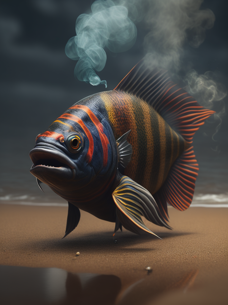 a Rastafarian fish smoking on the beach