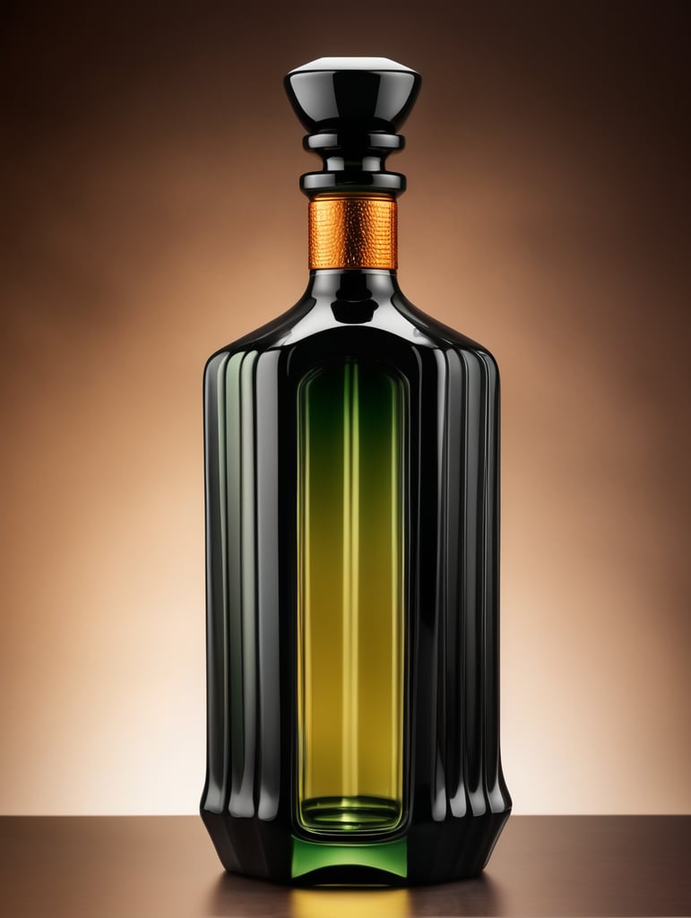 botella de tequila luxury de material ceramico negro con difuminado verde y ambar hexagonal y alta sin etiquetas, tapadera de con textura de basalto.