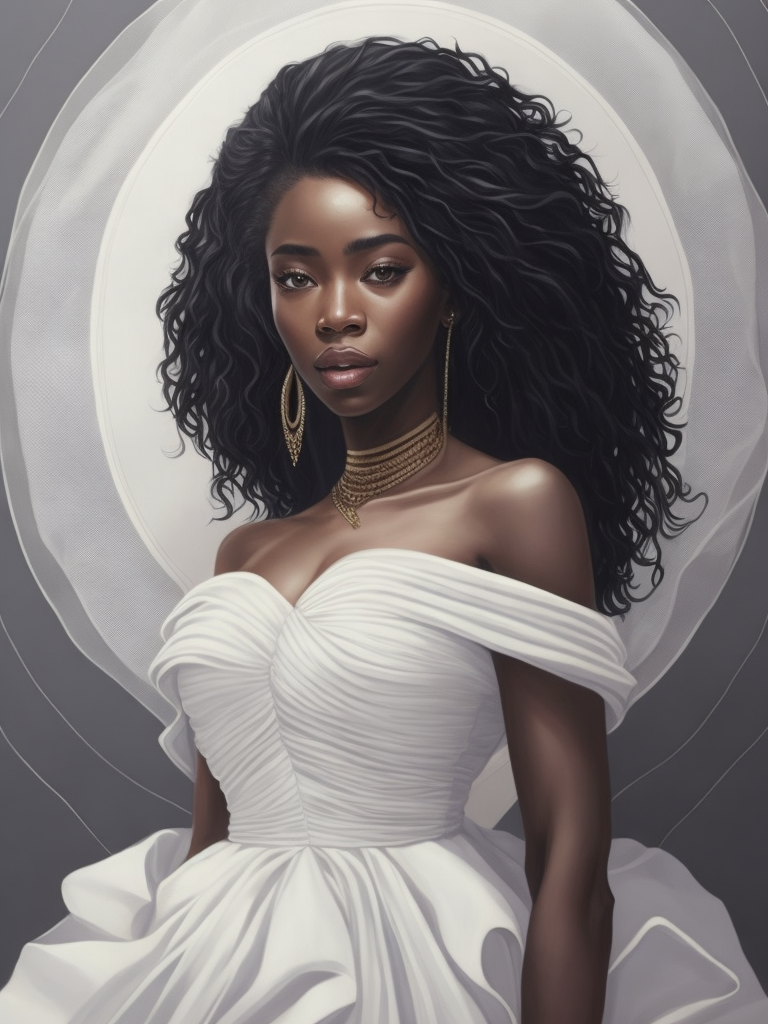 Portrait of a beautiful african american woman wearing a white wedding dress, by tran nguyen