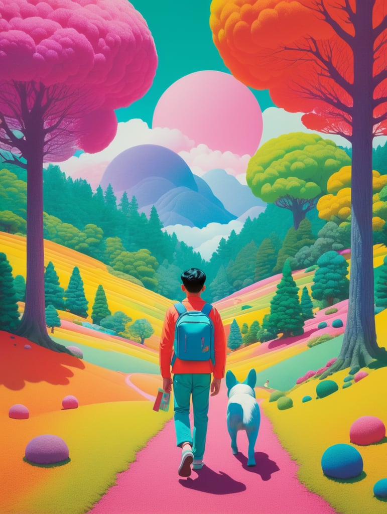 Neo-pop art risograph print, the man is walking through a colorful landscape, in the style of hikari shimoda, alex colville, young british artists (ybas), sandy skoglund, realist detail, pensive stillness, children's book illustrations --no mockup