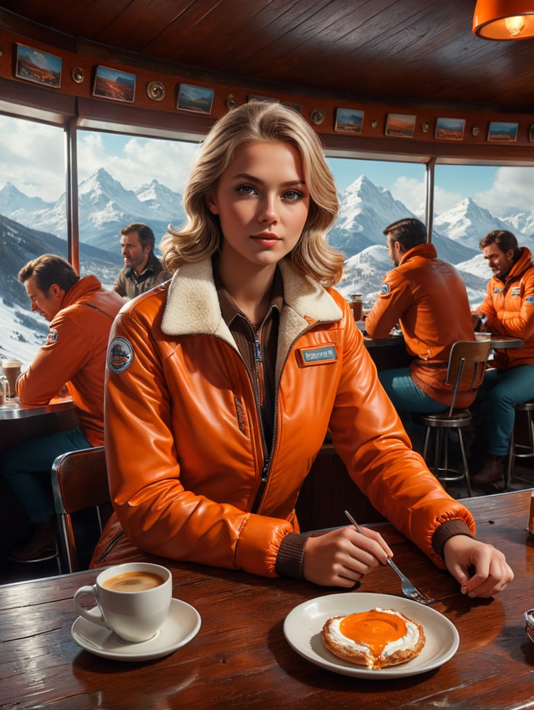 A beautiful Dutch girl girl in a 70’s mountain top diner. A slice of hot pie with cream and a coffee on the table she is sat at. She is wearing an orange ski jacket. Reportage shot. Canon with Kodak film. Telephoto