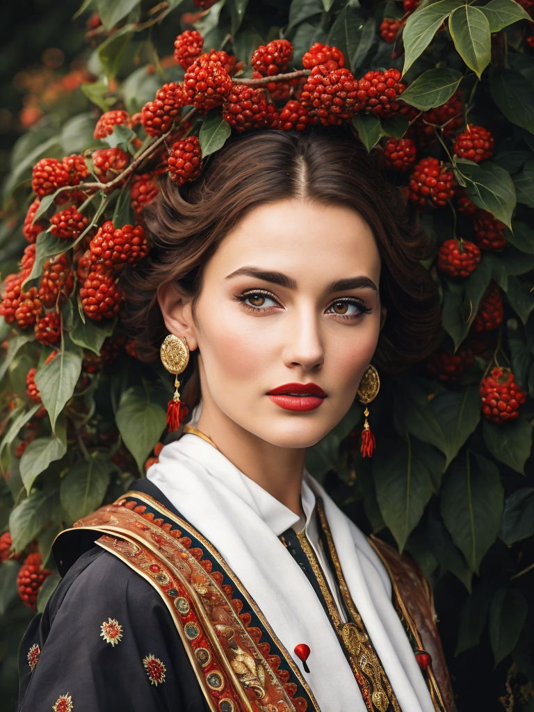 Portrait of a Beautiful women from Russian fairytale wearing traditional costume around bunches of rowan