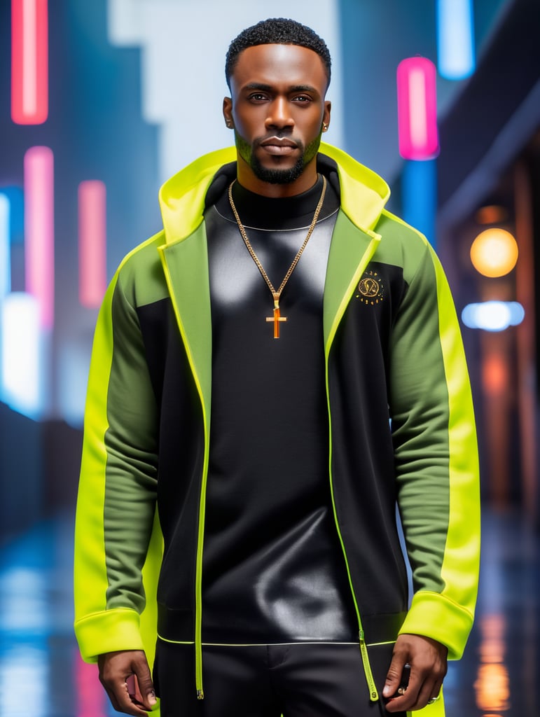 black man wearing black crewneck sweater, with the words CITRINE & CROIX on the center chest of the sweater, in a studio for a photo shoot, bright colours, high contrast, contrast lights