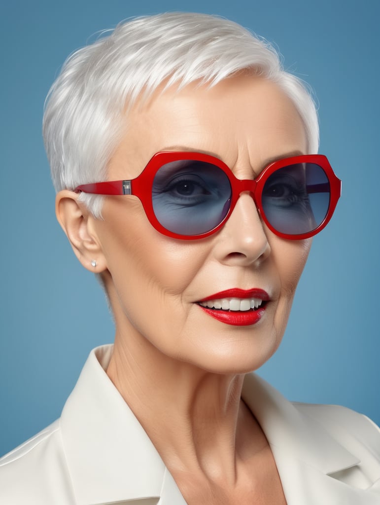 A portrait of a beautiful English older woman with white platinum short hair and big sunglasses, dressed all red, blue background, big cleavage, glamorous London portrait, highly realistic, women designer, very fashionable, colourful