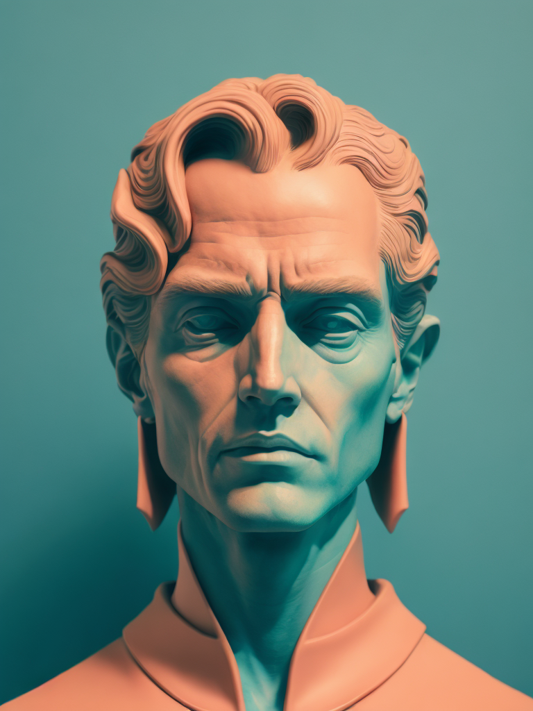 Human head on a pink colored background, in the style of dark cyan and light aquamarine, neoclassical sculptures, photo - realistic techniques, light cyan and orange, fluid photography, photo - realistic hyperbole, neoclassical figures, live eyes
