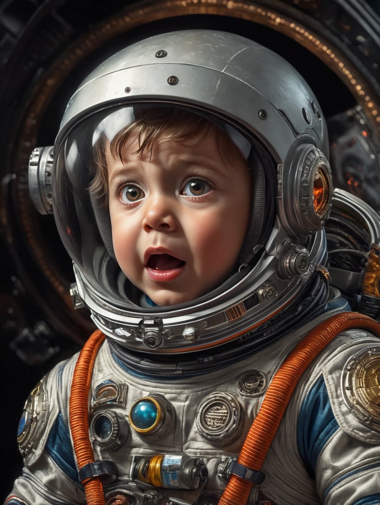 a child in a space suit with a surprised look on his face