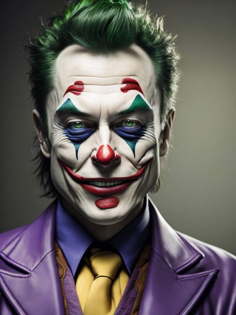 elon musk as (the joker), skindentation, bright realistic eyes and a huge maniacal grin, (perfect photo-realistic face), masterpiece, studio lighting