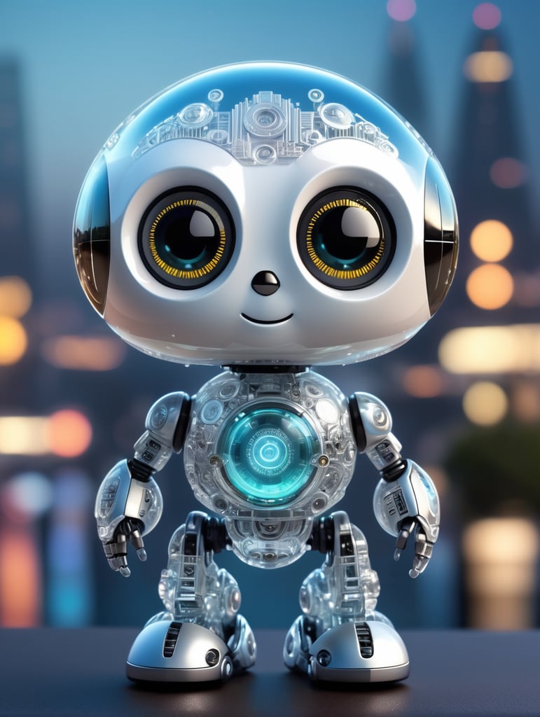 cute aesthetic, tiny robot, translucent polycarbonate, led face emoticon, intricate details, futuristic city background, depth of field