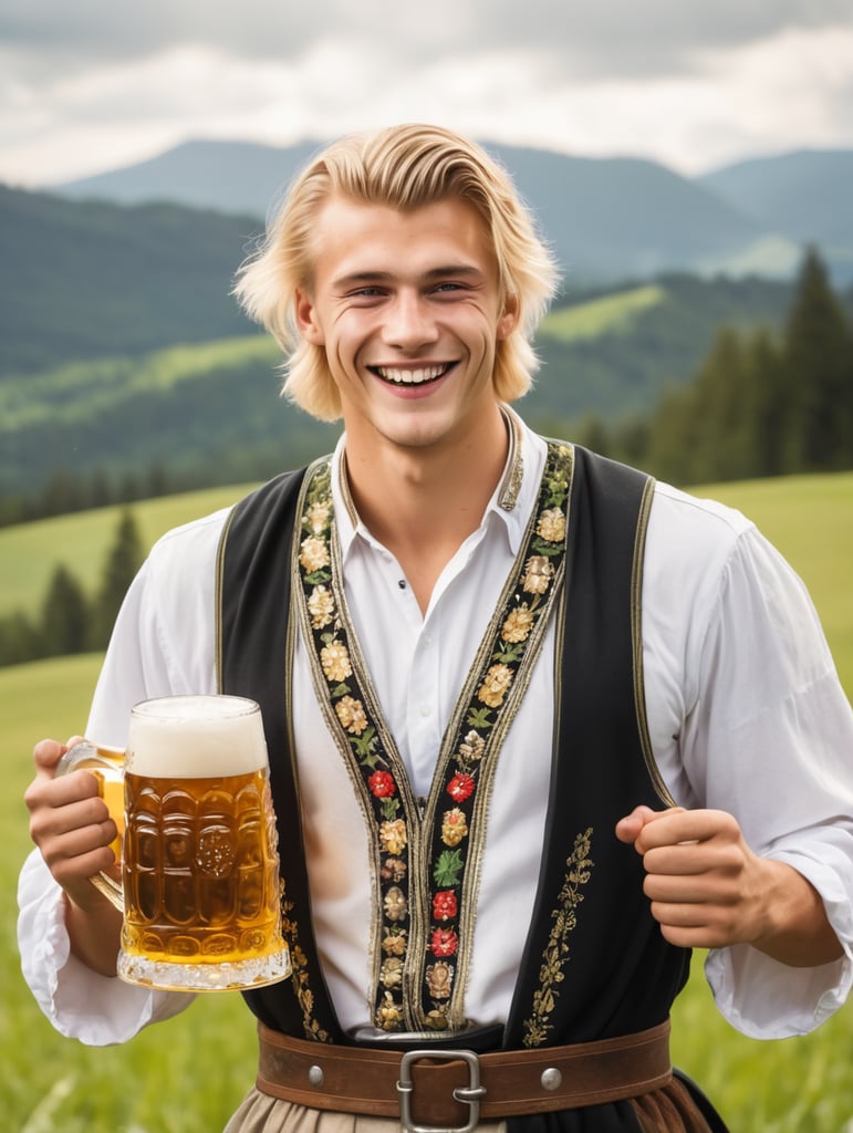 Young blonde German 20 year old male wearing a traditional german costume with a smile on his face holding a large beer mug chumming butter in the paradise mountain fields