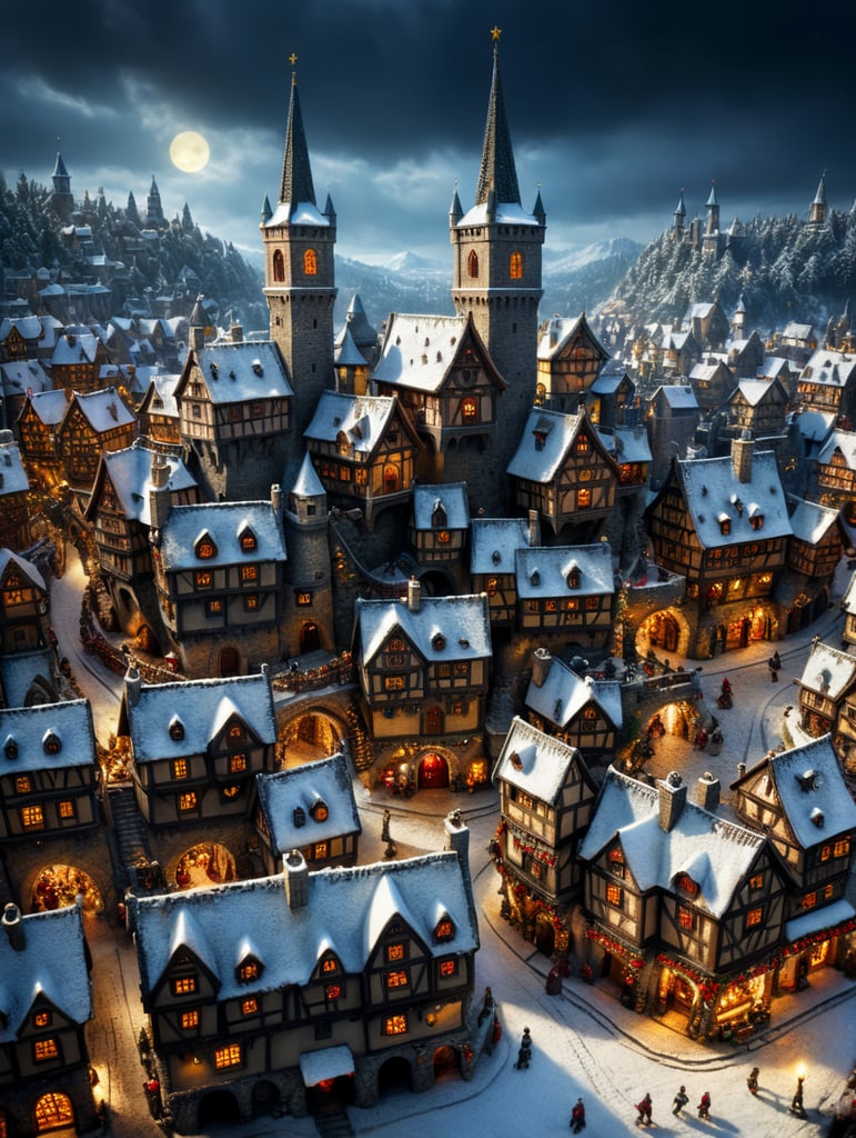 tilt shift photography of a Christmas medieval fantasy miniature city, depth of view, sunny, at night, snowy weather