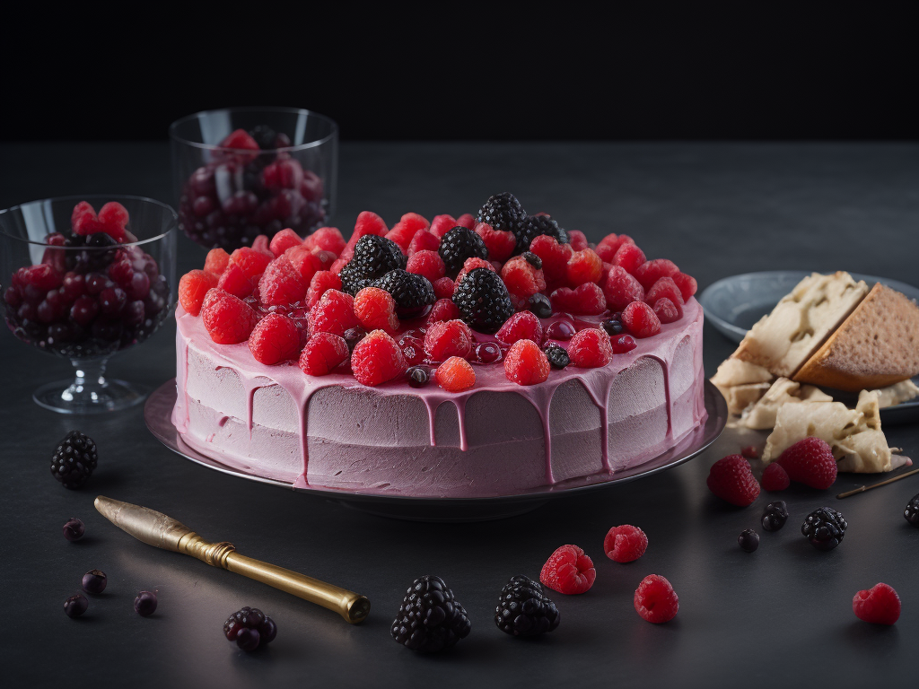a raspberry and blackberry cake, deep atmosphere, sharp on details
