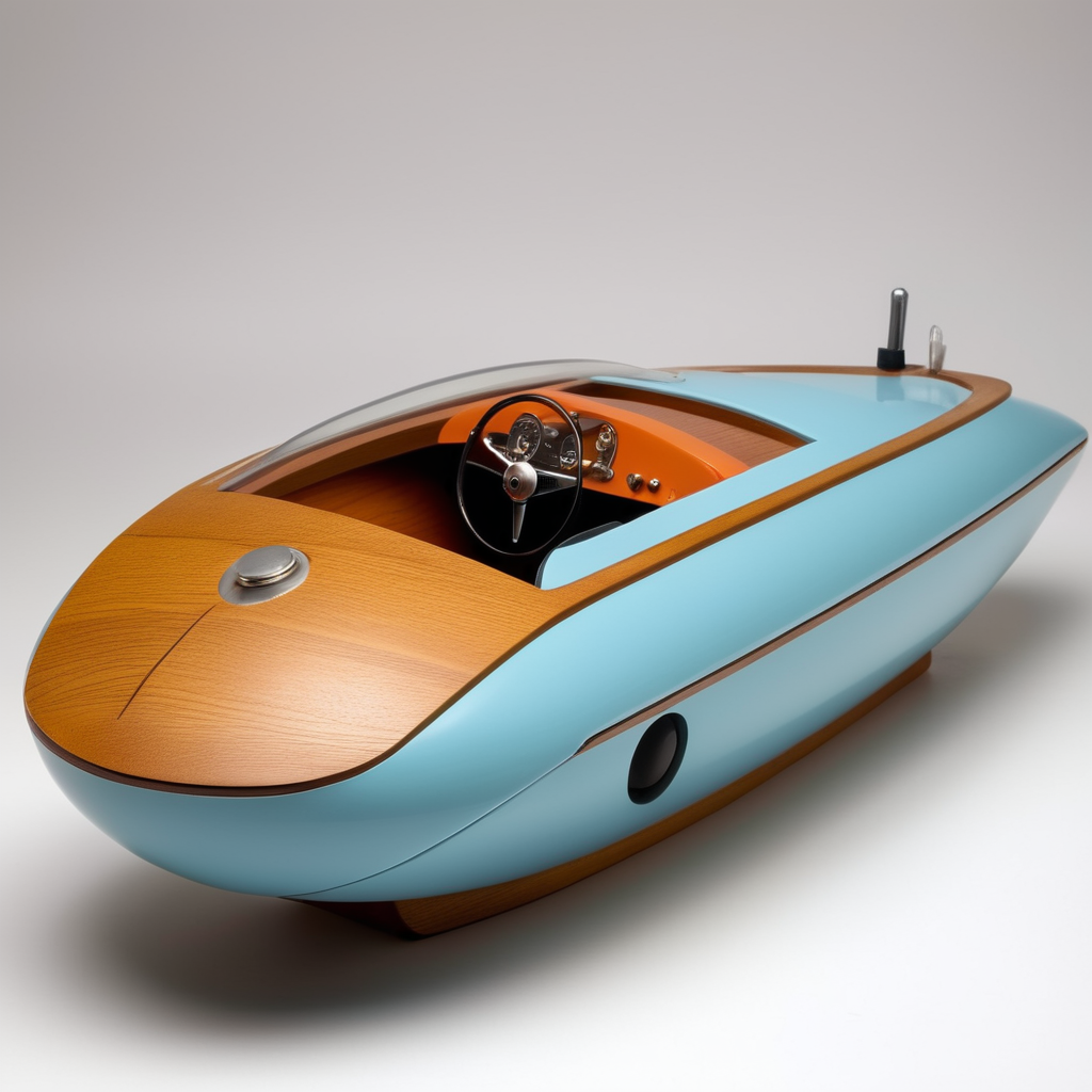 Toy chubby 1950s riva high speed racing boat designed by Dieter Rams. Simplistic minimalist post modernist product design. Oak top and injection molded plastic. Full object in view. Radio controlled